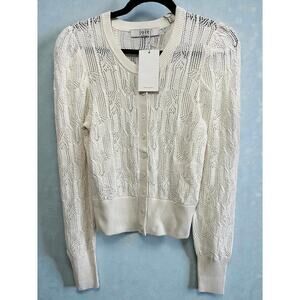 Joie Cream Pointelle Knit Cardigan Puff Sleeve Cropped Button Front Sweater NWT